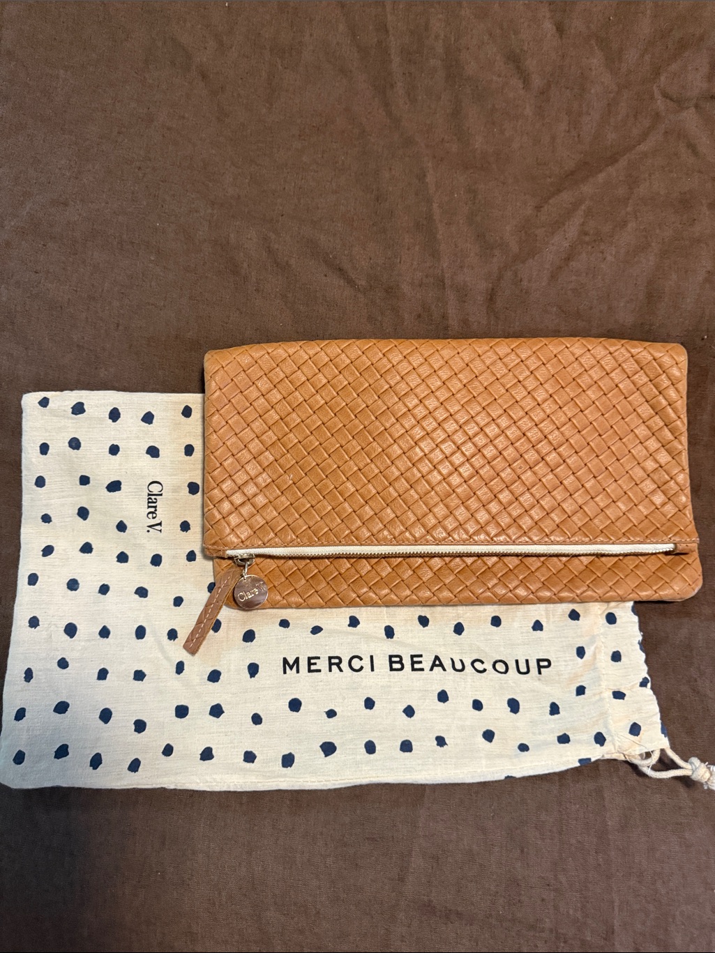 Clare V. Woven Leather Fold-Over Clutch In Camel